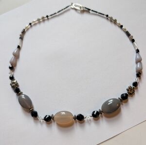 Artisan Beaded Statement Necklace - Gray Chalcedony Agate & Onyx - Sterling Silv